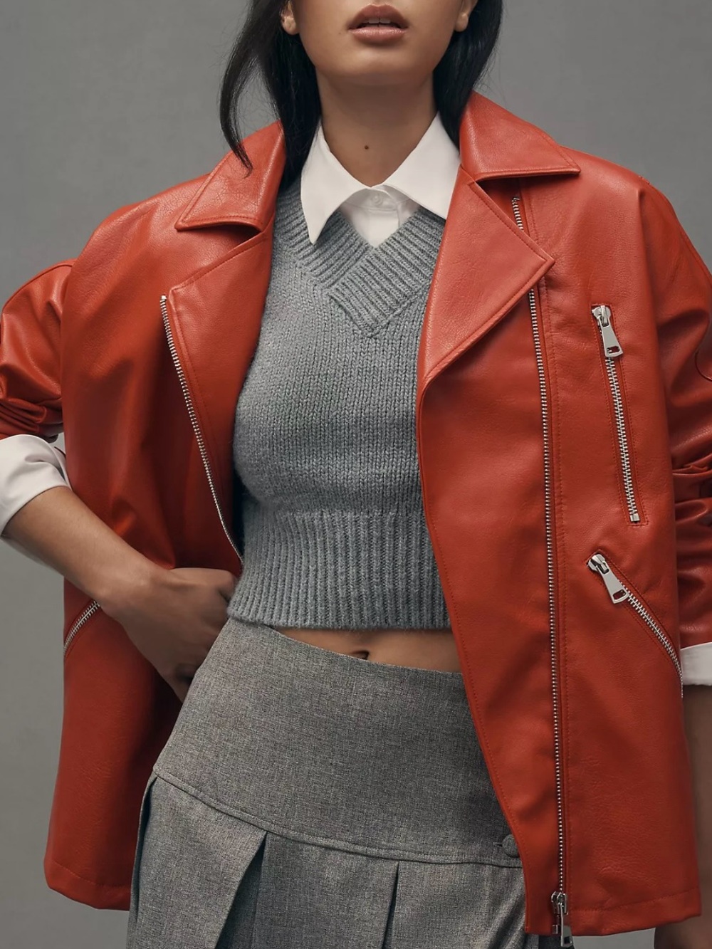 Maeve Oversized Faux Leather Moto Jacket XS Red Biker Y2K Edgy